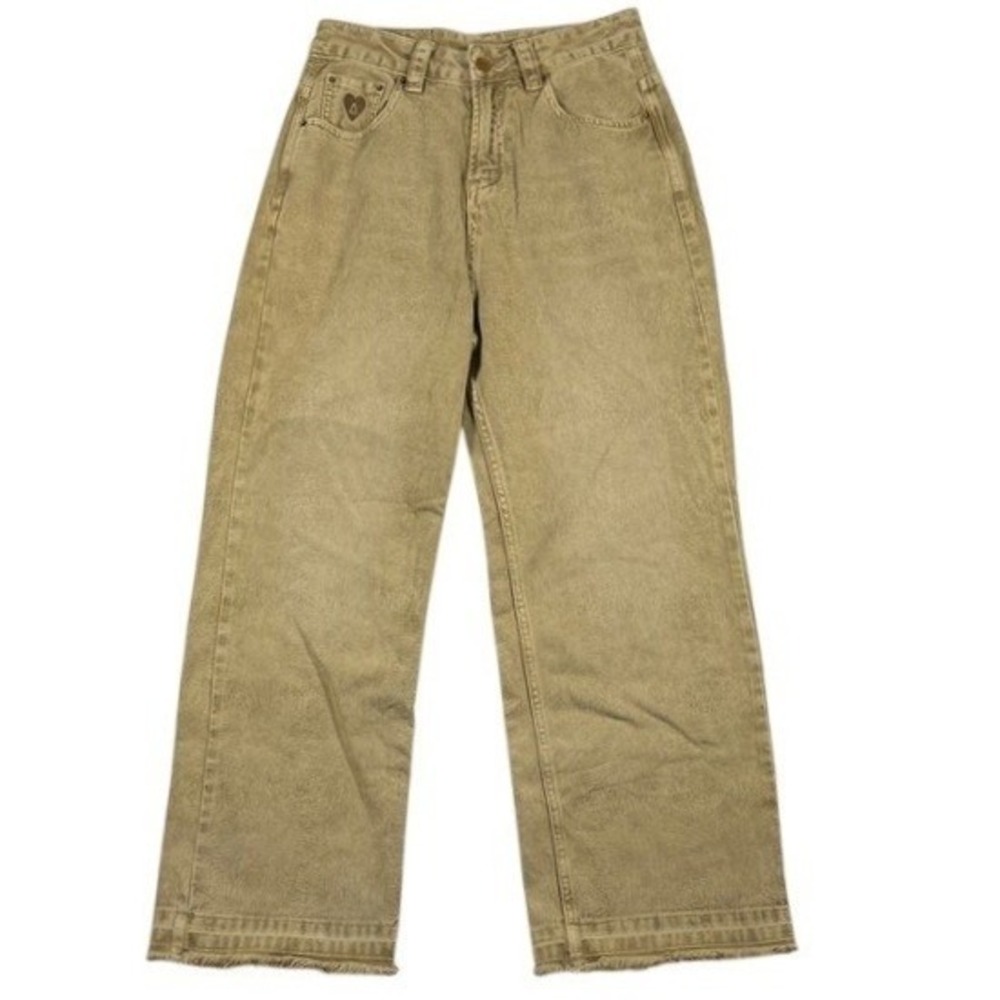Aelfric Eden Womens Khaki Tan Wide Leg Jeans Raw Hem Size 28 100% Cotton